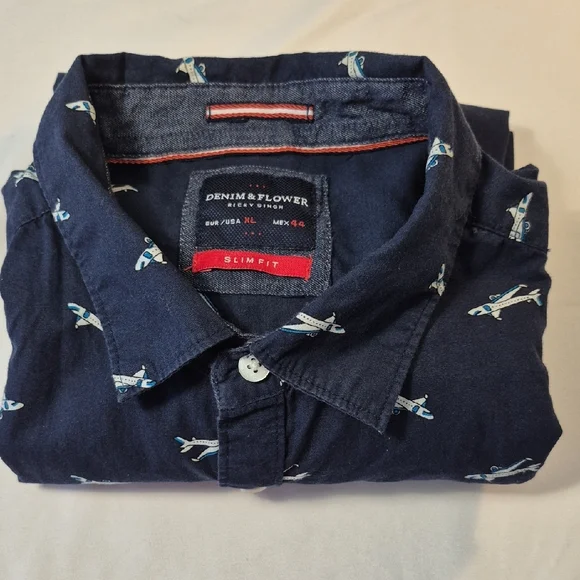 Denim & Flower Short Sleeve XL Airplane Print Blue Casual Button Down Shirt Mens - Picture 11 of 13